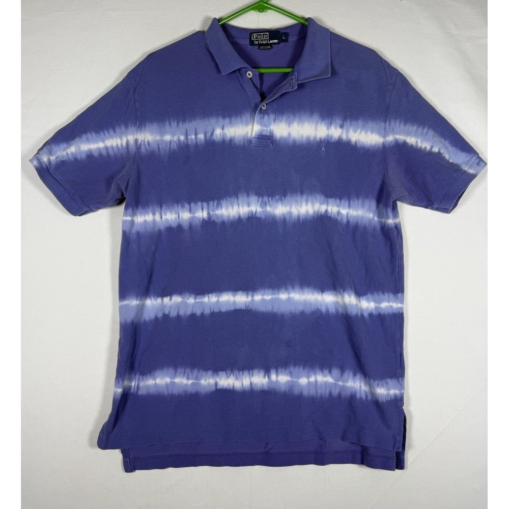 VTG Polo Ralph Lauren Polo Shirt Mens Large Blue Tie Dye Short Sleeve *Stains